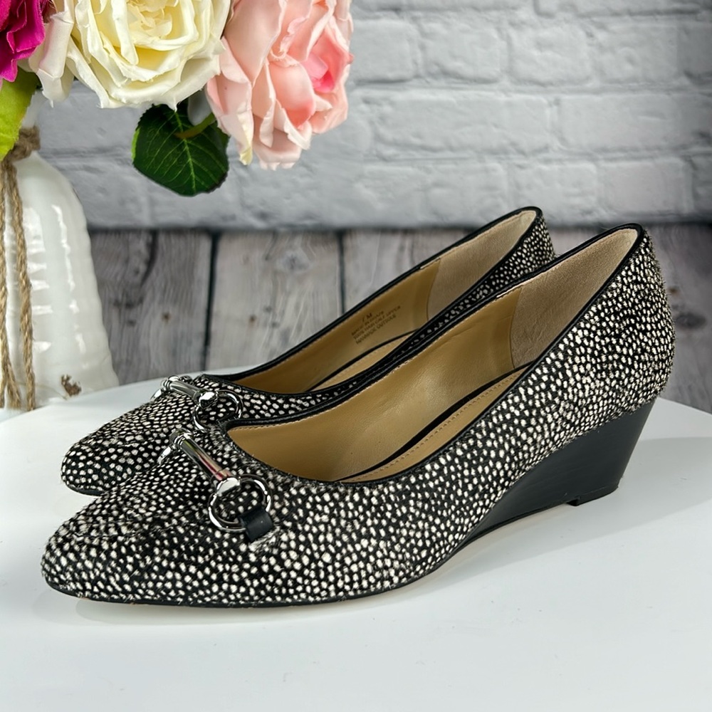 TALBOTS LANEY Black & White Calf Hair With Silver Hardware Low Heel Wedges